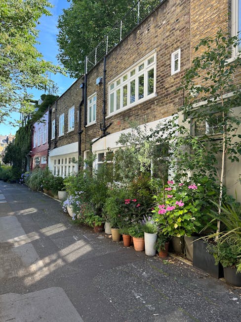 A row of potted plants and flowers standing along a pavement in front of a brick residential building with large white-framed windows. The plants include pink hydrangeas, green leafy shrubs, and other