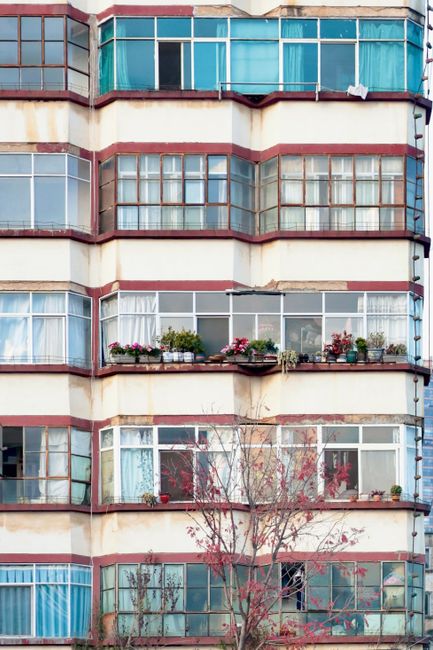 The image shows a multi-storey apartment building with curved bay windows and several balconies. Some balconies feature flower boxes with blooming plants in shades of pink, red, and green, adding a to